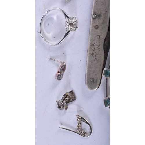 1279 - A Group of Miscellaneous Silver items incl Ring, Gem Set Bracelet, 5 odd earrings, 3 chains and a Pe... 