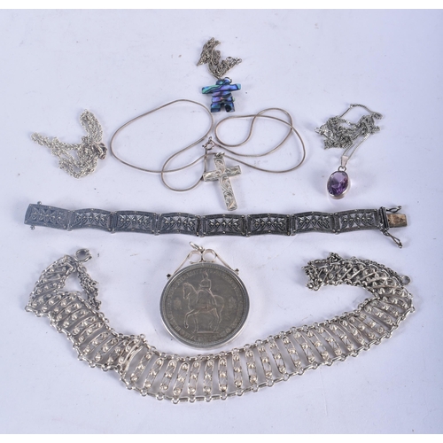 1289 - Seven items of Silver Jewellery including a Bracelet, 3 Pendant Necklaces, a Chain, a Silver Mounted... 