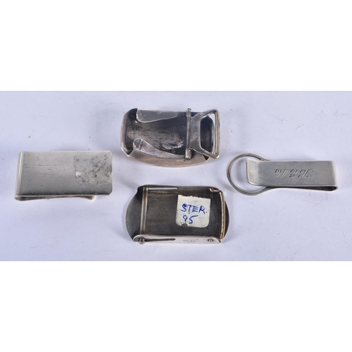 1293 - Two Silver Money Clips together with 2 Silver Belt Buckles.  Stamped Sterling.  Largest 5.1cm x 3.2 ... 