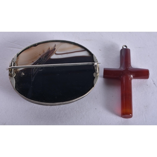 1296 - A Banded Agate Brooch together with an Agate Cross Pendant.  Brooch 4.6 cm x 3.7cm (2)