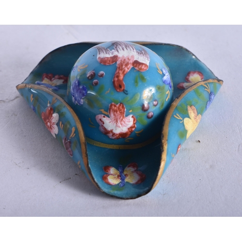 1311 - Unusual South Staffordshire Bilston Enamel Tricorn Hat,  4.8 cm x 4.8 cm x 1.9cm, weight 17.9g