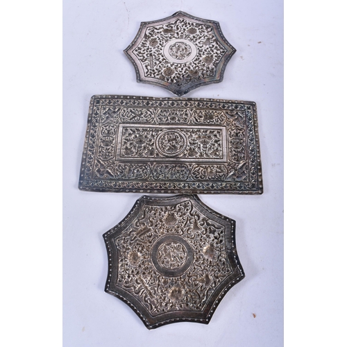 1315 - Three Chinese White Metal Dress Ornamentation Panels.  Largest 14cm x 9cm, total weight 105.39g (3)