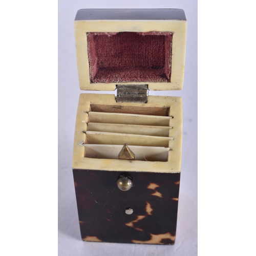 1323 - A Georgian Tortoiseshell Lidded Needle Box with Bone fittings.  Box 4.9cm x 2.4cm x 2.8 cm