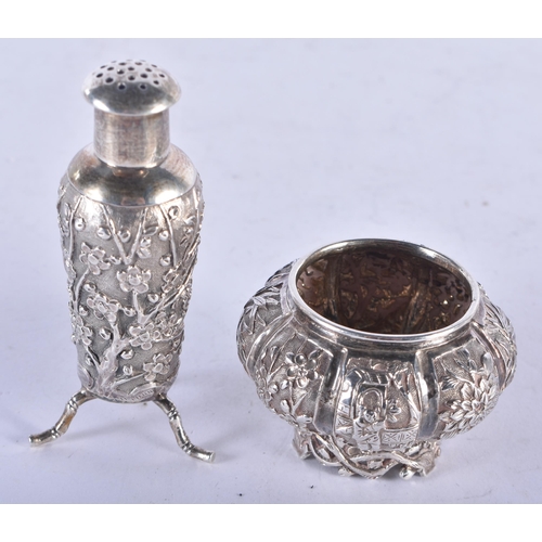 1328 - A Chinese Silver Condiment Set by Wang Hing comprising Salt and Pepper Pot.  Stamped on bases.  Larg... 