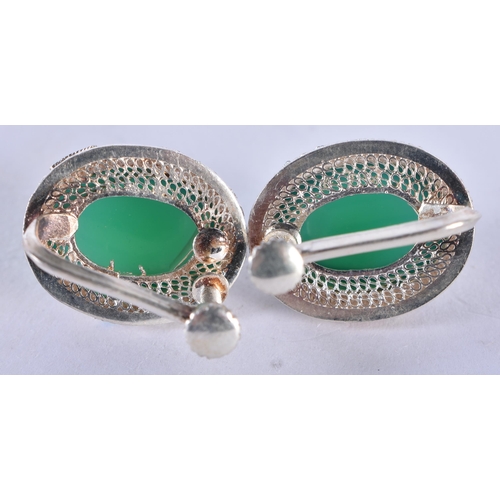 1331 - A Pair of White Metal and Enamel Earrings set with Jade Cabochons.  1.9cm x 1.6 cm, weight 9.7g