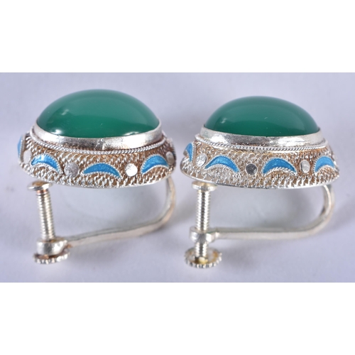 1331 - A Pair of White Metal and Enamel Earrings set with Jade Cabochons.  1.9cm x 1.6 cm, weight 9.7g