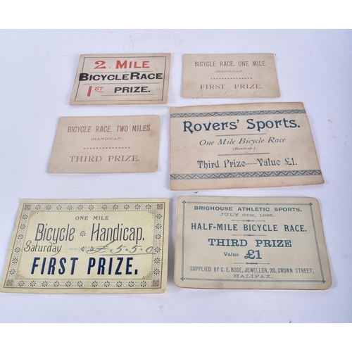 1337 - Six Victorian Bicycle Race Winners Cards.  Largest 9.6 cm x 15cm (6)