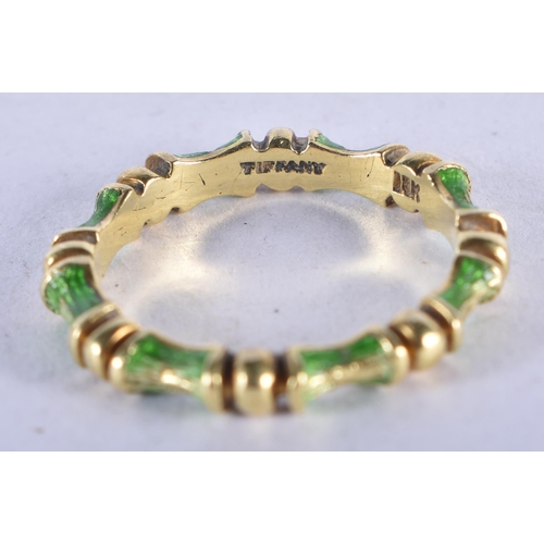 1341 - Tiffany & Co. Gold vintage green enameled bamboo ring.  Size P, Stamped Tiffany 18K, weight 4.7g