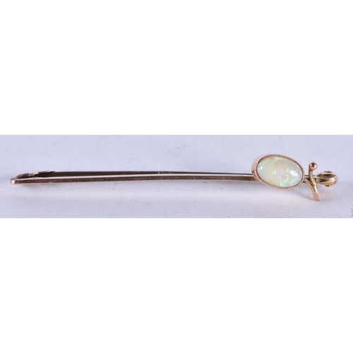 1342 - A 9 Carat Gold Bar Brooch set with a White Opal.  Stamped 9CT, 5.1cm x 0.5 cm, weight 1.7g