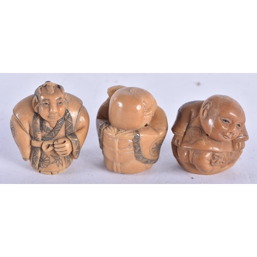 1351 - Three Japanese Nut Netsuke carved as Figures.  Largest 3.4cm x 1.9cm x 2.8 cm, total weight 36g (3)