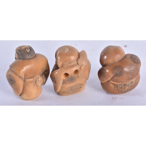 1351 - Three Japanese Nut Netsuke carved as Figures.  Largest 3.4cm x 1.9cm x 2.8 cm, total weight 36g (3)