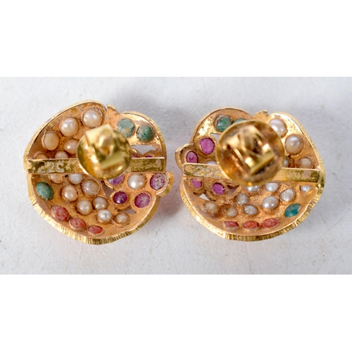 1377 - A Pair of 22 Carat Gold Earrings set with Pearls, Emeralds and Rubies.  Stamped 22 CT, 1.6 cm diamet... 