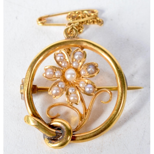 1378 - A 15 Carat Gold Flower Brooch set with Pearls with Safety Chain.  Stamped 15 CT.  2.1cm diameter, we... 