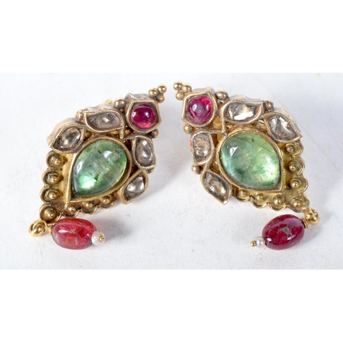 1379 - A Pair of Antique Gold Earrings set with Mughal Cut Diamonds and Gemstones.  4cm x 1.7cm, total weig... 