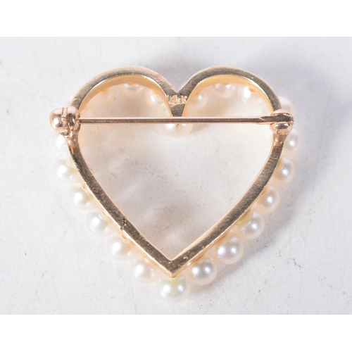 1380 - A 14 Carat Gold Heart Shaped Brooch set with Pearls.  Stamped 14K, 2.9cm x 2.9cm, weight 5.2g