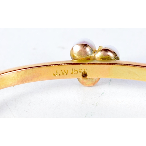 1382 - An Antique 15 Carat Gold Bangle set with 3 Pearls.  Stamped 15CT, 4.8 cm x 5.7cm, weight 6.6g