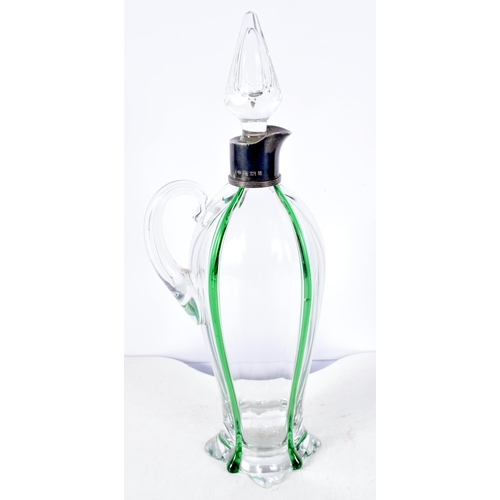 1392 - A Victorian Moulded Glass Decanter with Green Glass Drip Decoration and Silver Mounts Hallmarked Bir... 