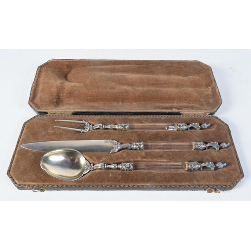 1394 - A Cased Christening Set with Rock Crystal Handles and Silver and Enamel Mounts.  Knife 22cm long. to... 