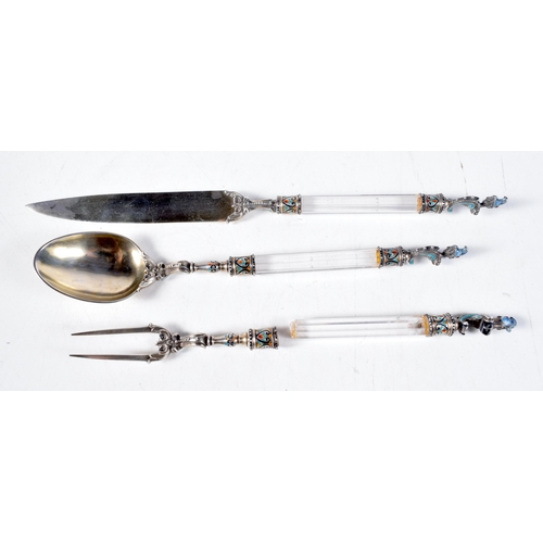 1394 - A Cased Christening Set with Rock Crystal Handles and Silver and Enamel Mounts.  Knife 22cm long. to... 