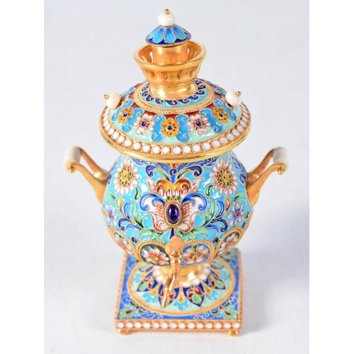 1400 - A Continental Silver Gilt and Enamel Samovar.  Stamped 84.  10.6 cm x 7.2 cm x 7cm, weight 161g