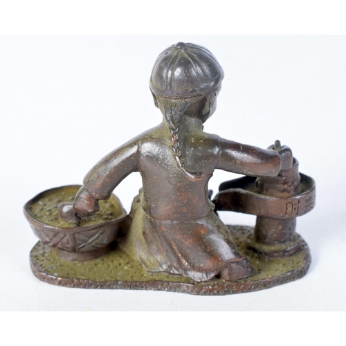 1413 - A Japanese Bronze of a Seated Boy Cooking.  7.5 cm x 5.9cm x 3.3 cm, weight 211g