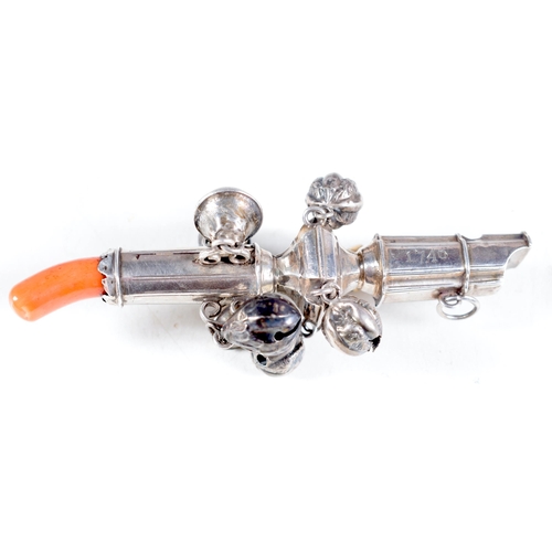 1418 - A Georgian Silver Babies Rattle with Whistle and Coral Teether engraved 1740.  11.7cm x 4.6 cm, weig... 