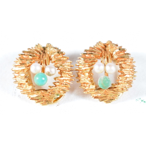 1422 - A Pair of Victorian 9 Carat Gold Clip-on Earrings set with Pearls and Jade.  London Import Mark for ... 