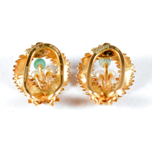 1422 - A Pair of Victorian 9 Carat Gold Clip-on Earrings set with Pearls and Jade.  London Import Mark for ... 