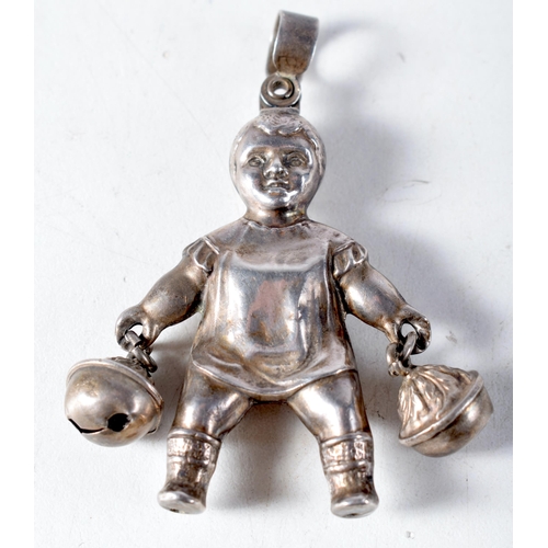 1424 - A Vintage Silver Babies Rattle Pendant in the form of a Baby holding Two Bells by Chrisford & Norris... 