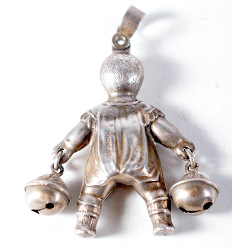 1424 - A Vintage Silver Babies Rattle Pendant in the form of a Baby holding Two Bells by Chrisford & Norris... 