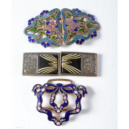 1425 - Two Pairs of Enamel Buckles together with another Buckle.  Largest 8 cm x 4.2 cm, total weight 60g (... 