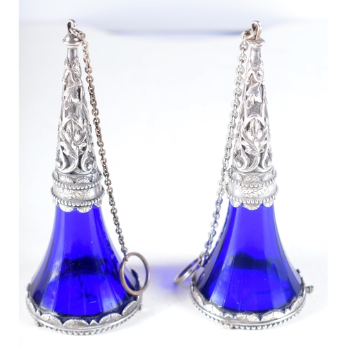 1431 - Vintage Brides Set Of Art Nouveau Style Silver Plated Repousse Posy Holders With Cobalt Blue Glass, ... 