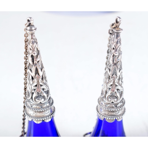 1431 - Vintage Brides Set Of Art Nouveau Style Silver Plated Repousse Posy Holders With Cobalt Blue Glass, ... 