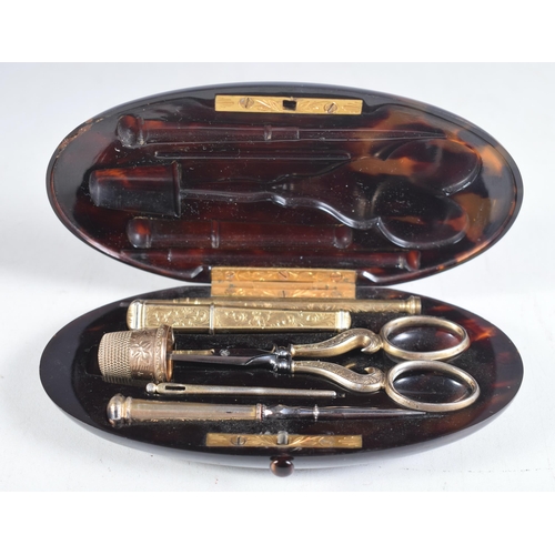 1433 - Antique Georgian - Victorian Tortoise Shell Sewing Etui, Box w/ Gold Plated Tools.  12.5 cm x 7cm x ... 