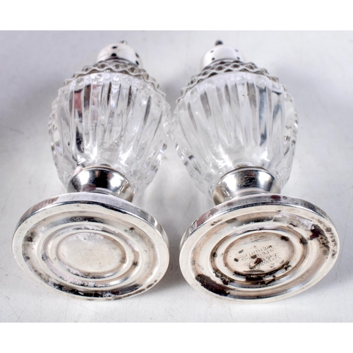 1446 - Two Glass Condiments with Silver Mounts.  Stamped Sterling.  9.5 cm x 3.6 cm, Weighted bases