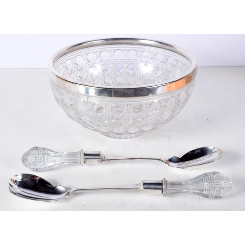 1452 - A Cut Glass Salad Bowl with Silver Plate Rim together with 2 Silver Plated Servers with Cut Glass Ha... 