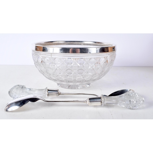 1452 - A Cut Glass Salad Bowl with Silver Plate Rim together with 2 Silver Plated Servers with Cut Glass Ha... 