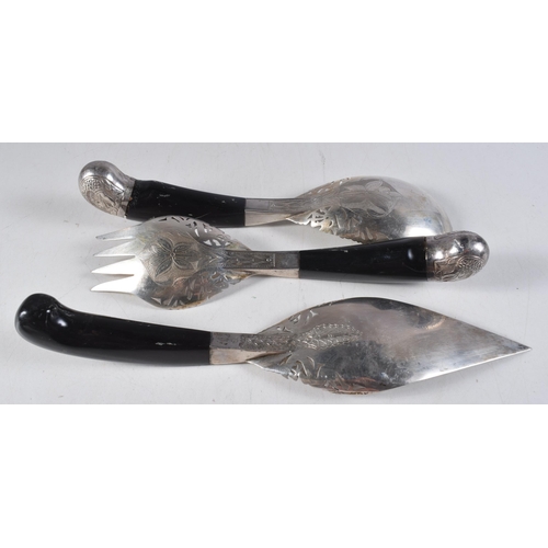 1477 - A Set of Three Antique Continental Silver Salad Servers with Bakelite Handles.  Indistinct Marks, La... 