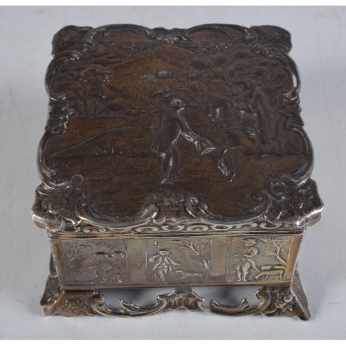 1480 - A Chinese Silver Box and Cover with embossed decoration with European scenes.  4.6 cm x 7.6 cm x 7.6... 