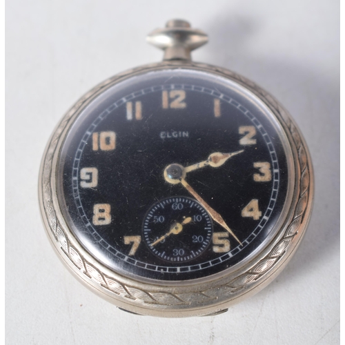 1491 - An Elgin WWI British military pocket watch, signed black dial, luminous Arabic numerals, seconds sub... 