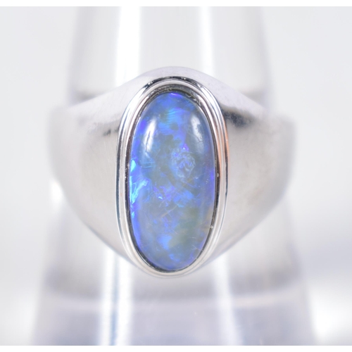 1498 - An 18 Carat White Gold Ring set with a Black Opal.  Stamped 750, Size P, weight 5.1g