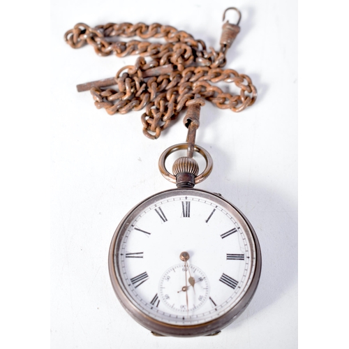 1565 - A Gun Metal Cased Pocket Watch with a Steel Chain.  4.9cm dial, not working