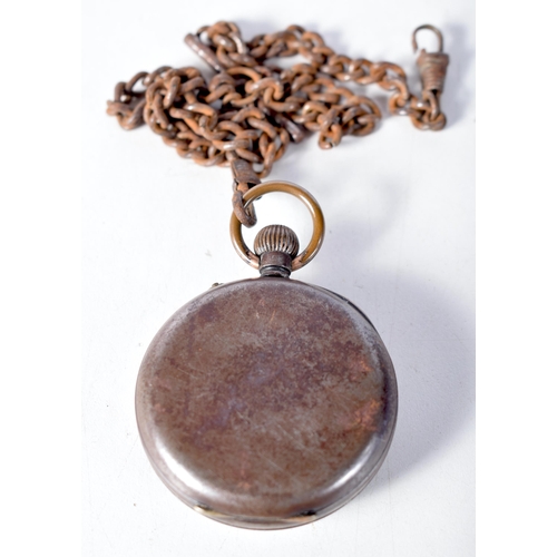 1565 - A Gun Metal Cased Pocket Watch with a Steel Chain.  4.9cm dial, not working