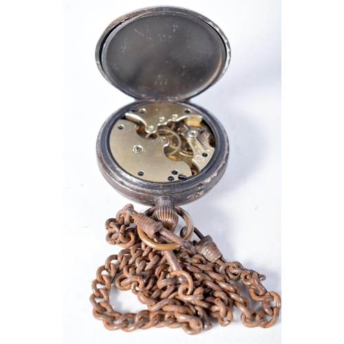 1565 - A Gun Metal Cased Pocket Watch with a Steel Chain.  4.9cm dial, not working