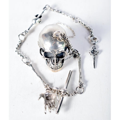 1577 - Solid Silver Fob Watch Chain & Gothic Skull Snuff Container.  Stamped Sterling.  31 cm long, weight ... 