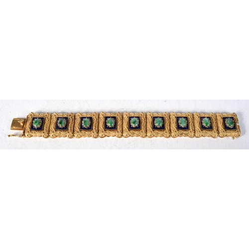 1578 - A 14 Carat Gold Panel Bracelet set with Jade Cabochons.  Stamped 14K, 16.5 cm x 2.1cm, weight 60.4g