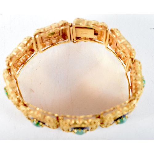 1578 - A 14 Carat Gold Panel Bracelet set with Jade Cabochons.  Stamped 14K, 16.5 cm x 2.1cm, weight 60.4g