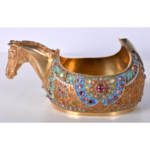 1601 - A Continental Silver Horse Head Kovsh with Enamel Decoration set with Gemstones.  Stamped 84.  12.8 ... 