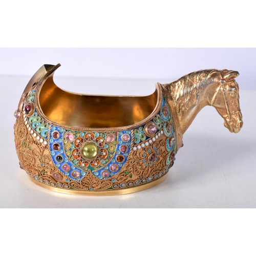 1601 - A Continental Silver Horse Head Kovsh with Enamel Decoration set with Gemstones.  Stamped 84.  12.8 ... 