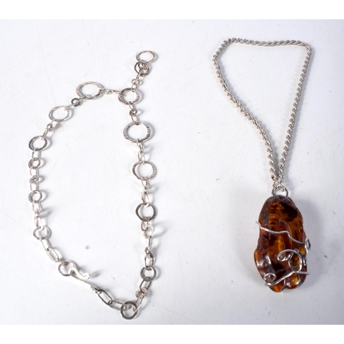 1607 - Two Silver Necklaces (1 with Amber Pendant).  Stamped 925, Longest 41cm, total weight 70.8g (2)